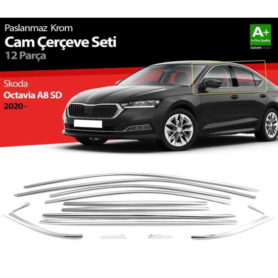 Skoda Octavia A8 Sedan Krom Cam Çerçevesi 12 Parça 2020 Üzeri